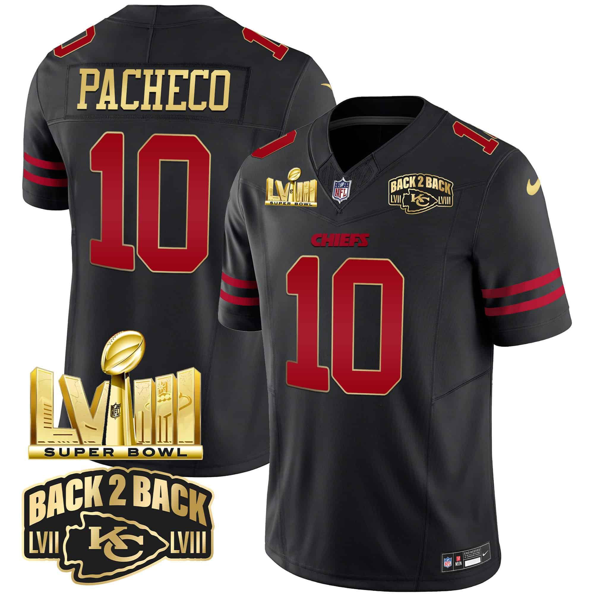 Men Kansas City Chiefs #10 Pacheco Black 2024 Nike Super Bowl LVIII & Back-2-Back Gold Patch Vapor NFL Jersey style 1